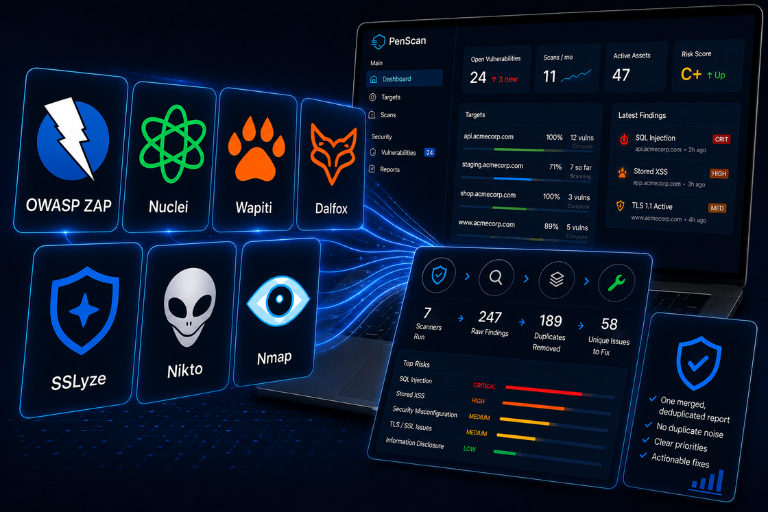 Seven security scanners — OWASP ZAP, Nuclei, Wapiti, Dalfox, SSLyze, Nikto, Nmap — feed into PenScan which deduplicates 247 raw findings down to 58 unique issues shown on a unified dashboard